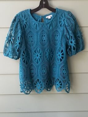 Beautiful Pinky Teal Blue Round Neck Crochet Lace Puff Sleeve Top Blouse Sz M